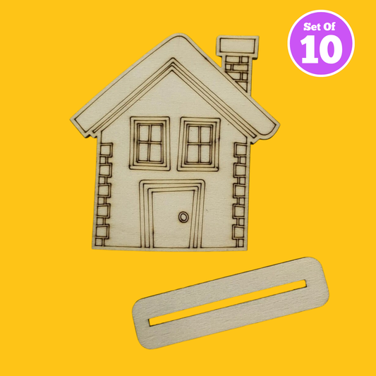 Set of 10 Blank Wooden Engraved House