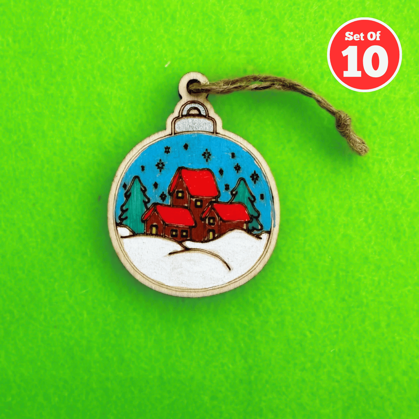 Set of 10 Christmas Bauble Wood Decoration