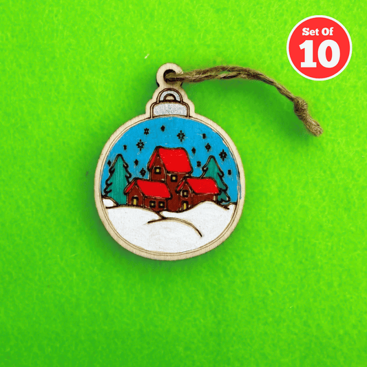 Set of 10 Christmas Bauble Wood Decoration