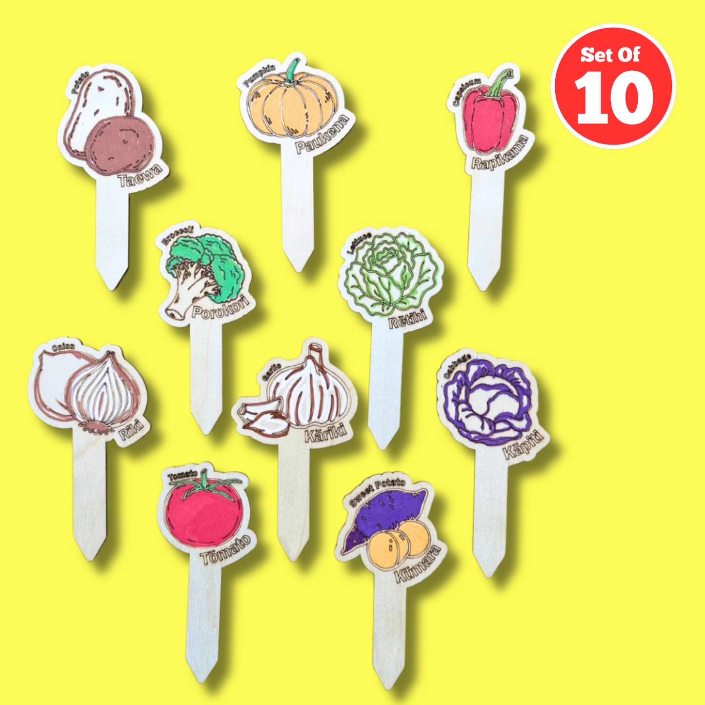 Set of 10 - Te Reo Veggie Plant Markers
