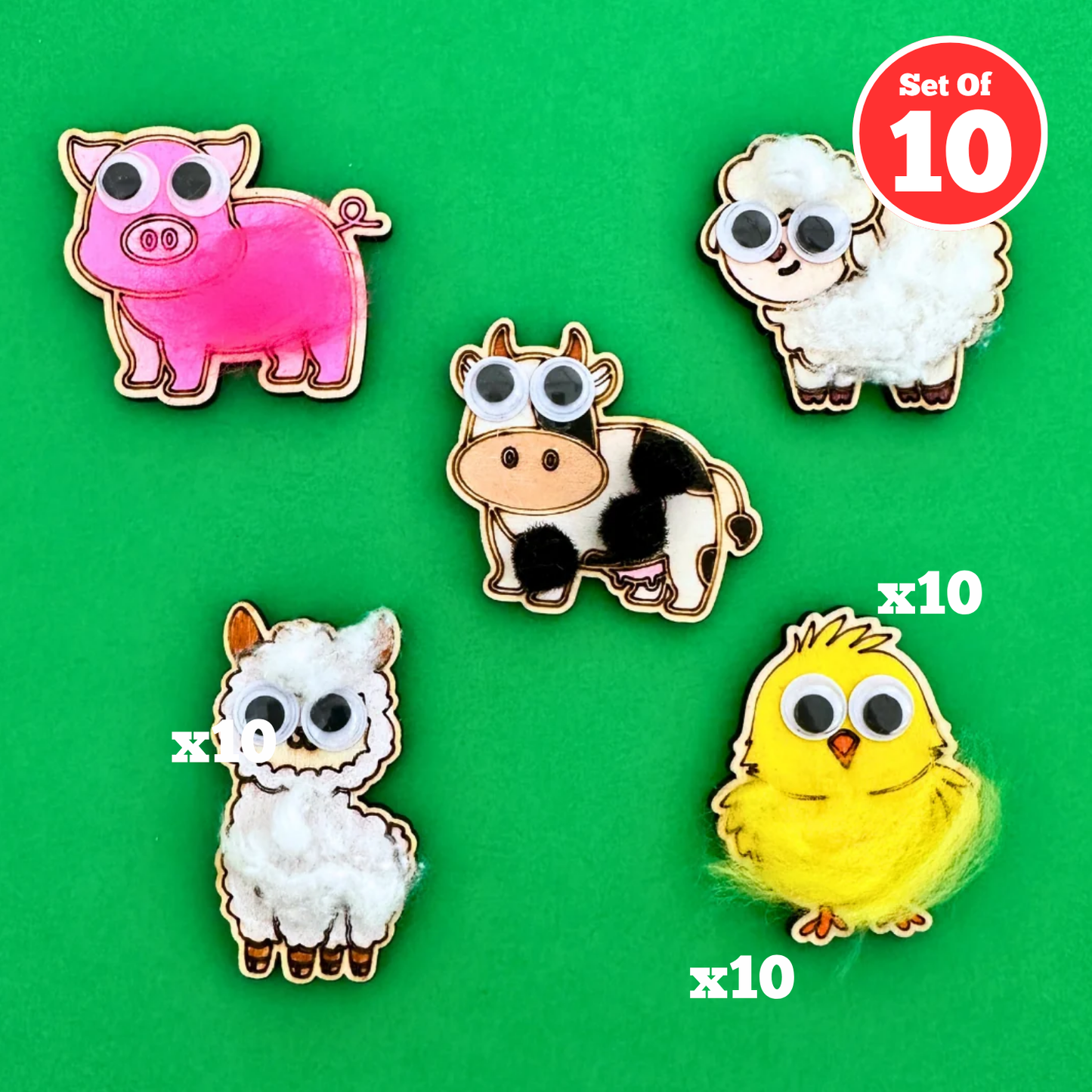Set of 10 - Farmyard Animal Brooches