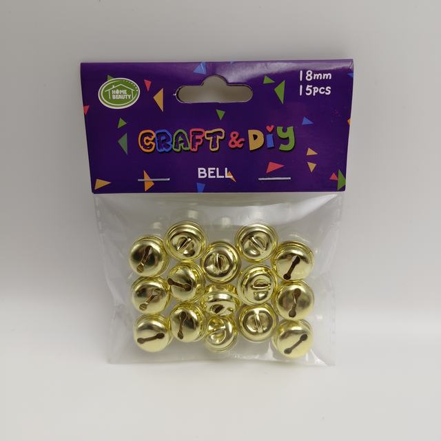 A packet of gold bells with a purple label