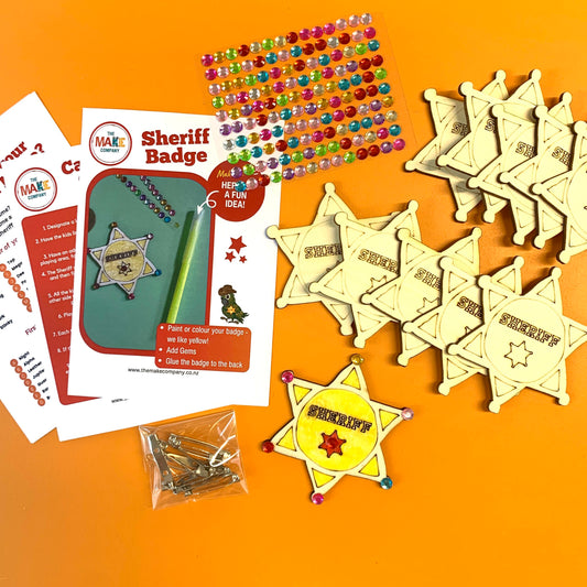 Wooden Sheriff badges with gems and badge backs with instructions and activities for western theme