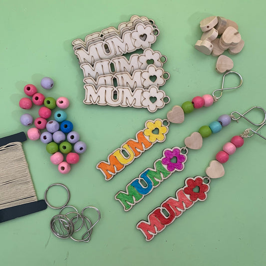 Keyrings, wooden mum signs and wooden beads for mothers day crafts