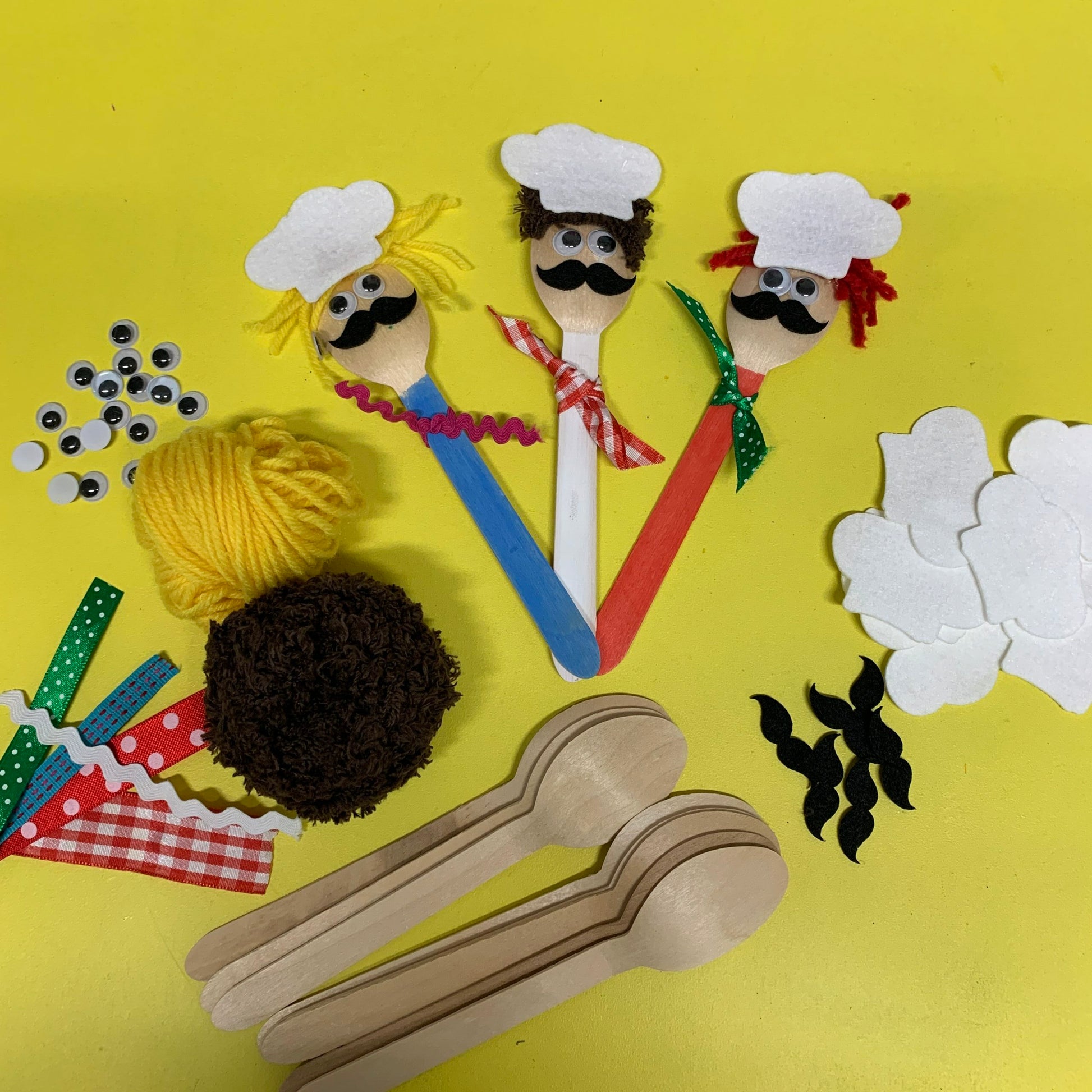 Chef craft made from wooden spoons, with felt hats and moustaches