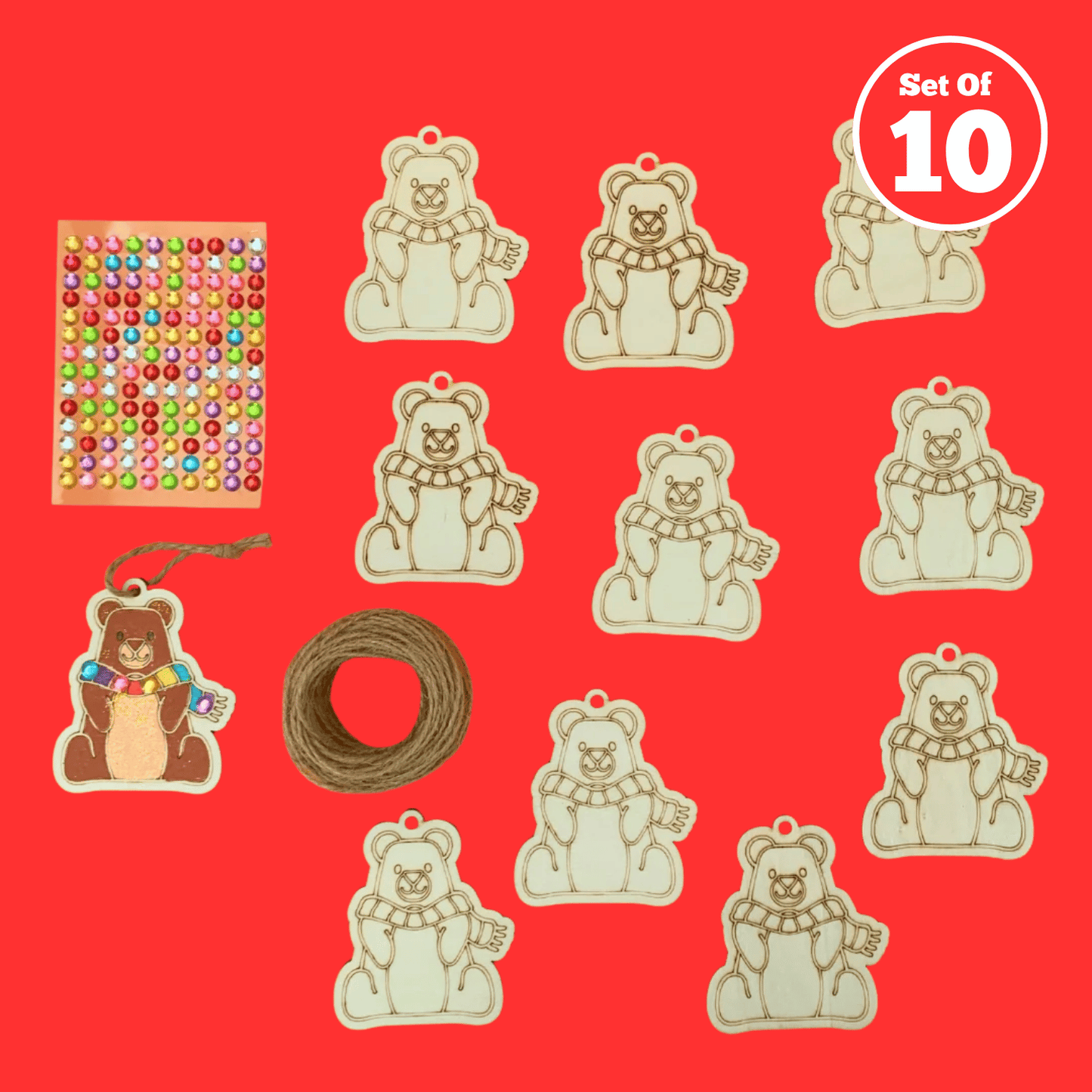 Set of 10 - Bear With Scarf Christmas Decoration