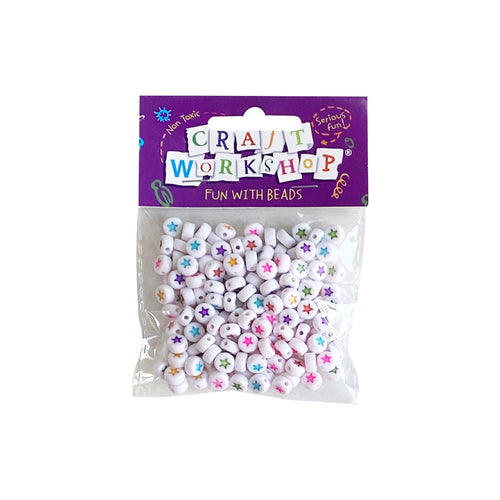 White circular beads with assorted colourful star details