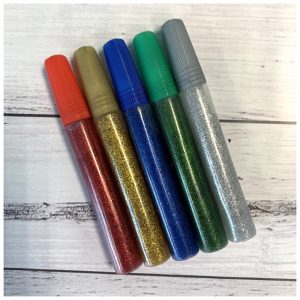 set of 5 glitter glue pens red gold blue green and silver