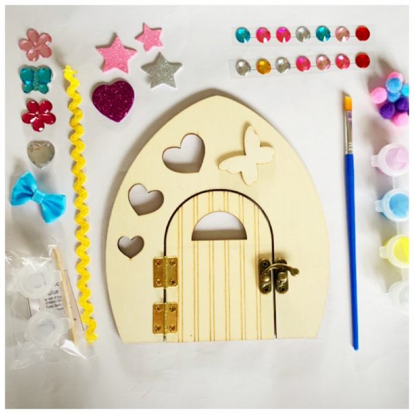 wooden fairy door with paint and embelishments to diy