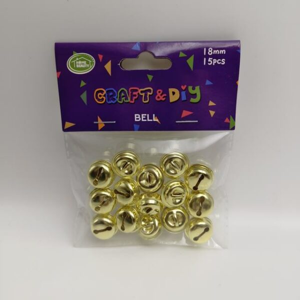 A packet of gold bells with a purple label