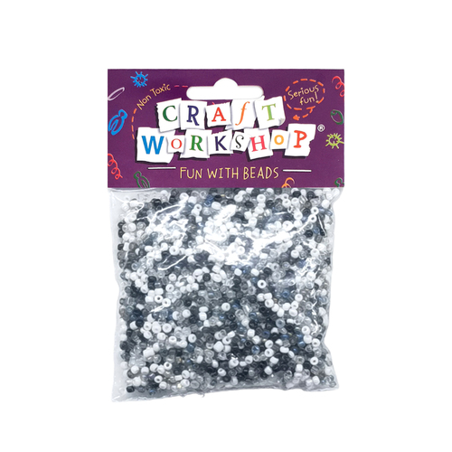 Seed Beads black and white and grey in a packet with a purple label
