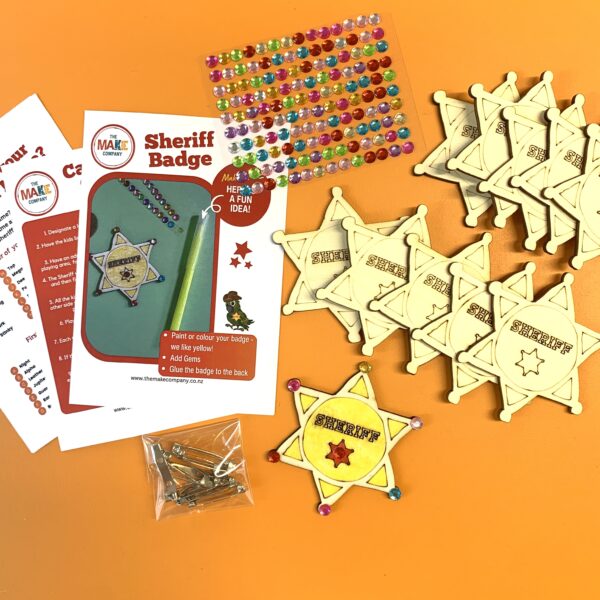 Wooden Sheriff badges with gems and badge backs with instructions and activities for western theme
