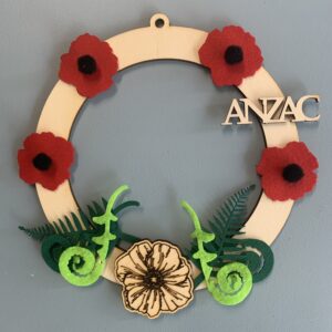 Anzac Wreath with poppy flowers, koru and ferns